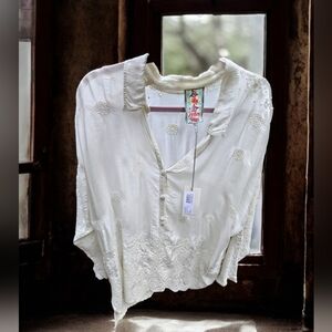 Johnny Was Antik Lace Collared Cream Embroidered Blouse NWT